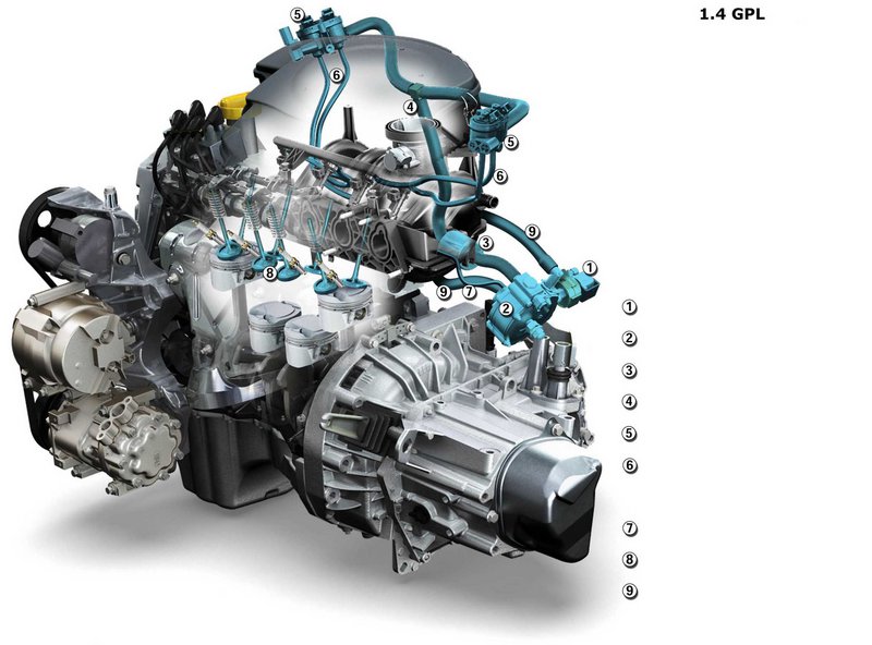 1.	Λεπτομέρειες του συστήματος τροφοδοσίας LPG σε κινητήρα διπλού καυσίμου 2.	Βαλβίδα ασφαλείας 3.	Ρυθμιστής πίεσης (πνεύμονας) 4.	Φίλτρο 5.	Φίλτρο / σωληνάκια μπεκ 6.	Μπεκ υγραερίου 7.	Σωληνάκια / «πολλαπλή» μπεκ 8.	«Πολλαπλή» πνεύμονα 9.	Βαλβίδες κινητήρα 10.	Σωλήνες νερού 