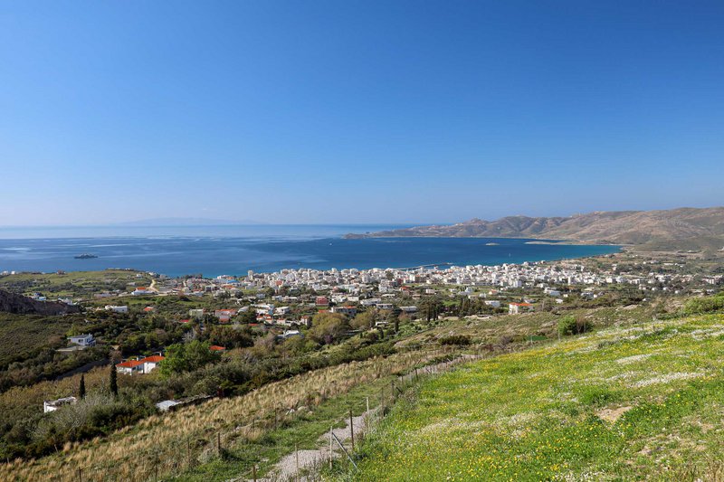 Τα χρώματα της άνοιξης συναντούν το μπλε του κόλπου της Καρύστου καθώς ανηφορίζεις προς Μετόχι για να πάρεις τον δρόμο προς Πλατανιστό.