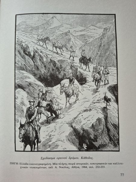 Σχεδίασμα ορεινού δρόμου. Κάθοδος. (Πηγή: Ελλάδα εικονογραφημένη, Μία πλήρης σειρά ιστορικών, τοπογραφικών και καλλιτεχνικών ντοκουμέντων, εκδ. Α. Νικόλας, Αθήνα 1984) 