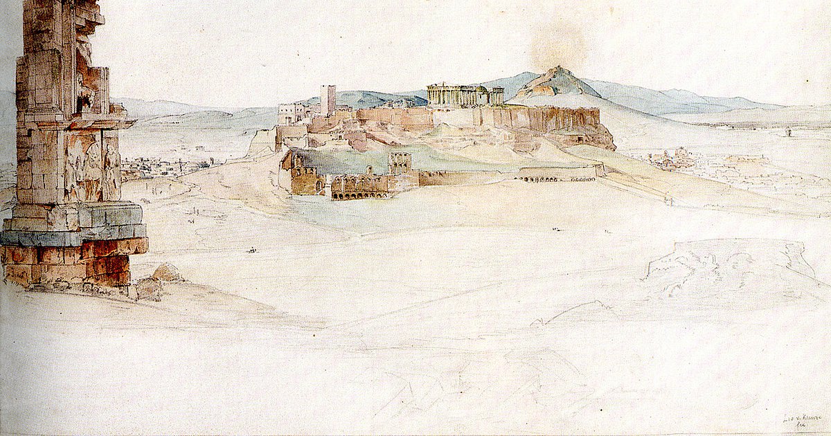 Λέο φον Κλέντσε, Η Αθήνα και η Ακρόπολη από τον λόφο του Φιλοπάππου, 1834, υδατογραφία, μελάνι και μολύβι, 48,1 Χ  65,5 εκ.