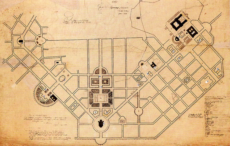 Λέο φον Κλέντσε, Σχέδιο της νέας πόλεως των Αθηνών, Αθήνα 7 Σεπτεμβρίου 1834.  Πρόκειται για σχέδιο που εγκρίθηκε στις 18/30 Σεπτεμβρίου 1834. Φέρει τις υπογραφές των μελών της Αντιβασιλείας Άρμανσμπεργκ, Μάουερ και Χάιντεκ.  Πένα και μελάνι, 115 Χ 75 εκ., κλίμακα: 1.2000.