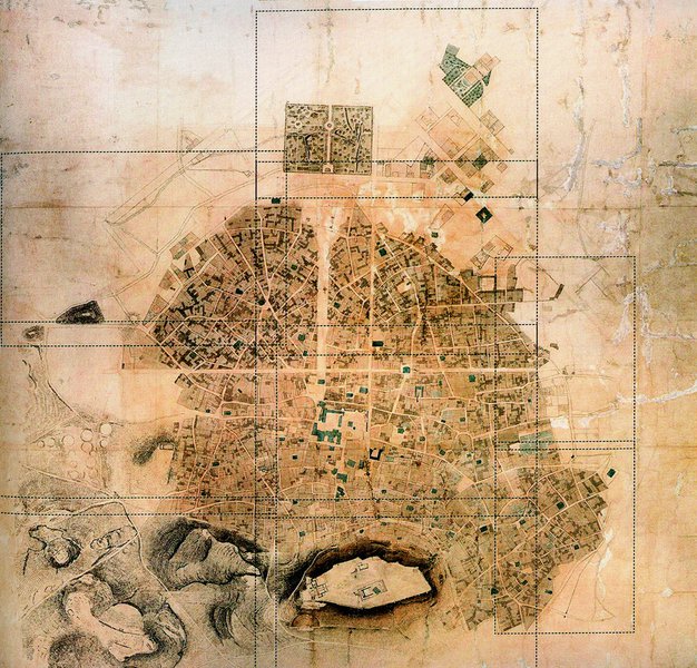 Φρ. Στάουφερτ, Ε. Σάουμπερτ και  Χριστιανός Χάνσεν, Σχέδιο των Αθηνών, 1836. Διαγραμμίσεις του Μ. Κορρέ, Οι πρώτοι χάρτες της πόλεως των Αθηνών, Μέλισσα, 2010. Μαύρο, μπλε και κόκκινο μελάνι, περ. 147 Χ 144 εκ.