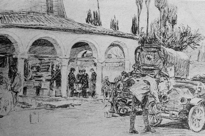 Σταθμός αυτοκινήτων στην Πρέβεζα, εξεικονισμένος από τη ζωγράφο Θάλεια Φλωρά-Καραβία.