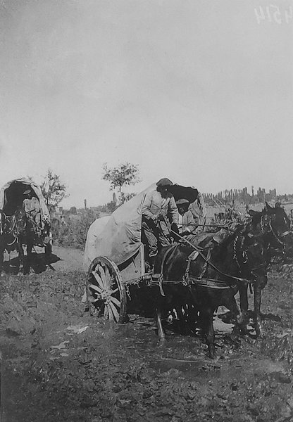 Αραμπάς σε βαλτώδη διαδρομή στο Καρασούλι (Πολύκαστρο Κιλκίς). Τα παραδοσιακά μέσα μεταφοράς συνυπάρχουν κατά τον Πρώτο Παγκόσμιο πόλεμο με την αυτοκίνηση και τους σιδηροδρόμους.