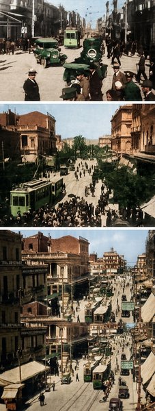 Τρεις φωτό από κύριες αρτηρίες της Αθήνας, όπως η Πατησίων, η Πανεπιστημίου και η Αιόλου στα μέσα της δεκαετίας του 1920. Είναι σαφής η εκρηκτική διάδοση του αυτοκινήτου, η πίεση που ασκείται στο σύστημα μαζικών συγκοινωνιών, ενώ στην κάτω φωτό διακρίνεται μόλις μία μοτοσυκλέτα, σε μία  περίοδο που η μοτοσυκλέτα, πάντως, αρχίζει ευρύτερα να διαδίδεται.
