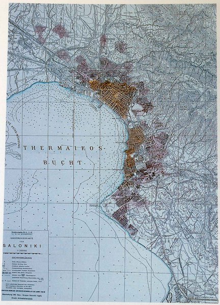 Θεσσαλονίκη, Σχέδιο Πόλεως, 1928. Με κίτρινο η πόλη το 1922. Γύρω της ο προσφυγικοί συνοικισμοί. Διακρίνονται οι πολυπληθείς νέες οδεύσεις.